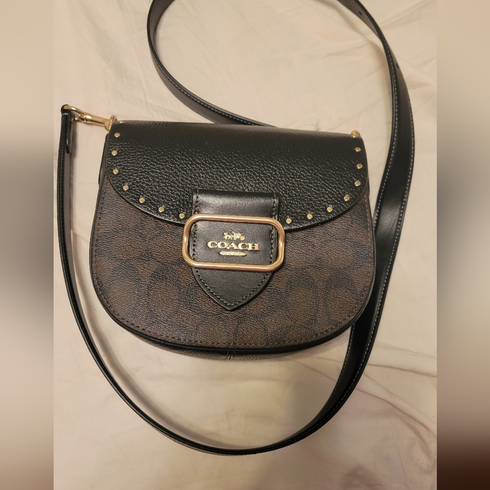 Coach Brown Monogram & Black Leather Saddle Crossbody with Gold Hardware